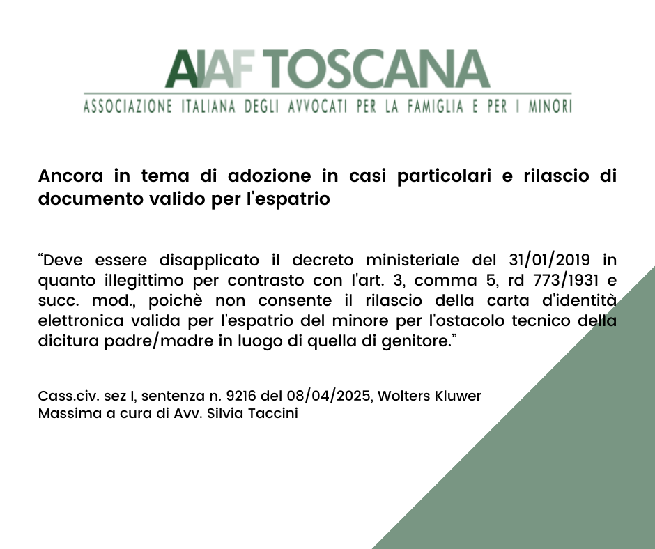 Rassegna giurisprudenziale: Ancora in tema di adozione in casi particolari e rilascio di documento valido per l'espatrio